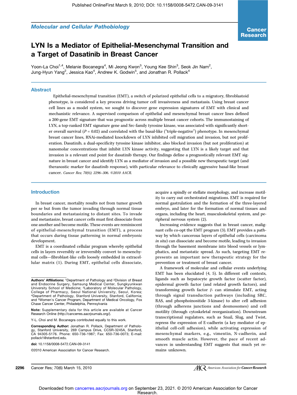 Lyn Is A Mediator Of Epithelial Mesenchymal Transition And A Target Of