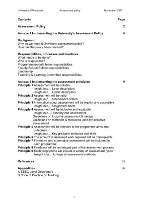 University of Plymouth Assessment Policy November 2007