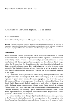 A Checklist of the Greek Reptiles. I. the Lizards B.P