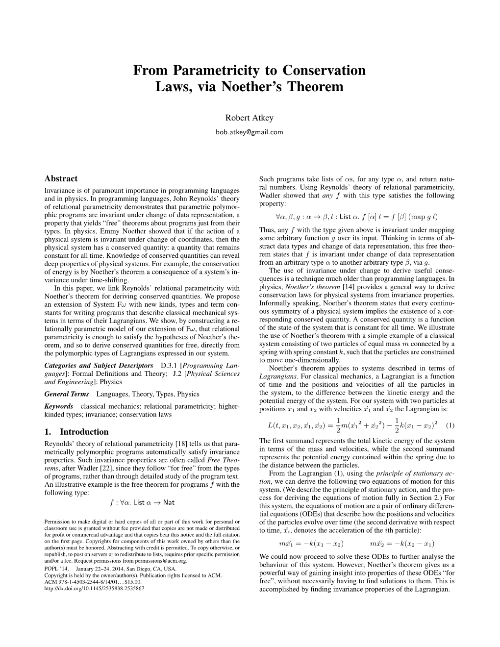 From Parametricity to Conservation Laws, Via Noether's Theorem