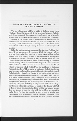 Biblical and Systematic Theology: the Basic Issues