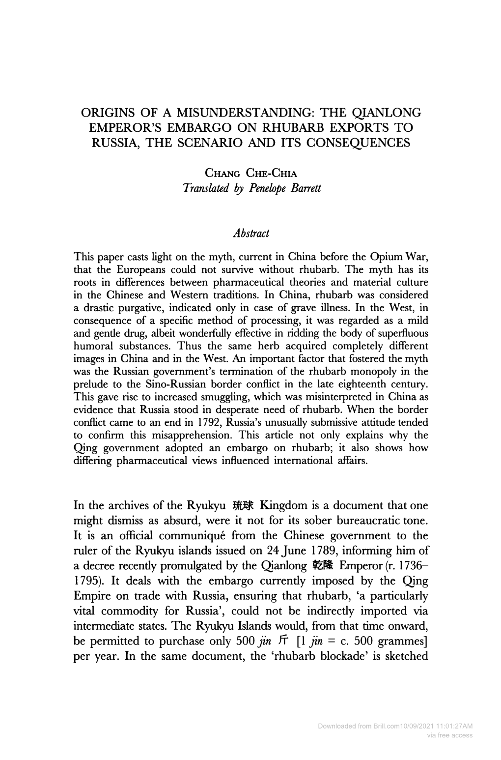 The Qianlong Emperor's Embargo on Rhubarb Exports to Russia, the Scenario and Its Consequences