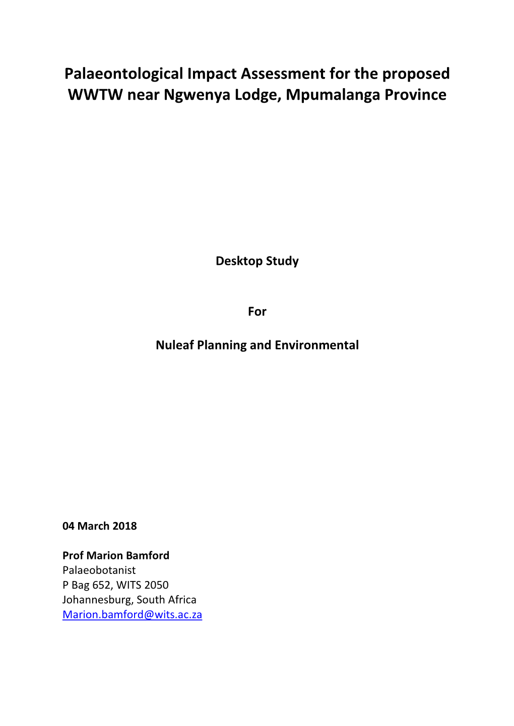 Palaeontological Impact Assessment for the Proposed WWTW Near Ngwenya Lodge, Mpumalanga Province