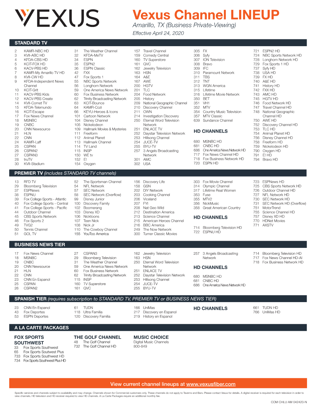Vexus Channel LINEUP Amarillo, TX (Business Private-Viewing) Effective April 24, 2020