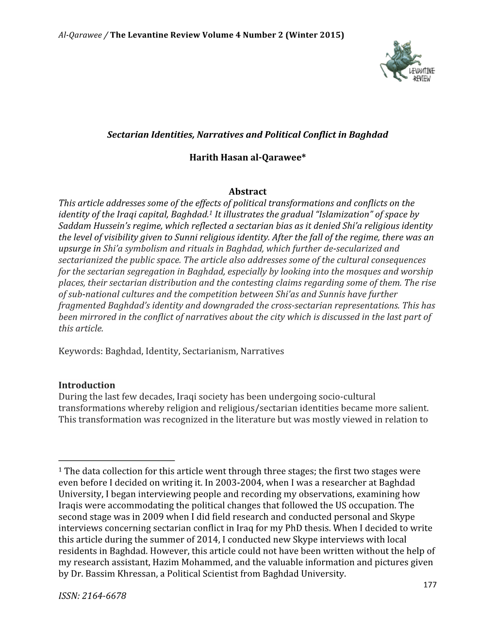 6678 Sectarian Identities, Narratives and Political Conflict in Baghdad