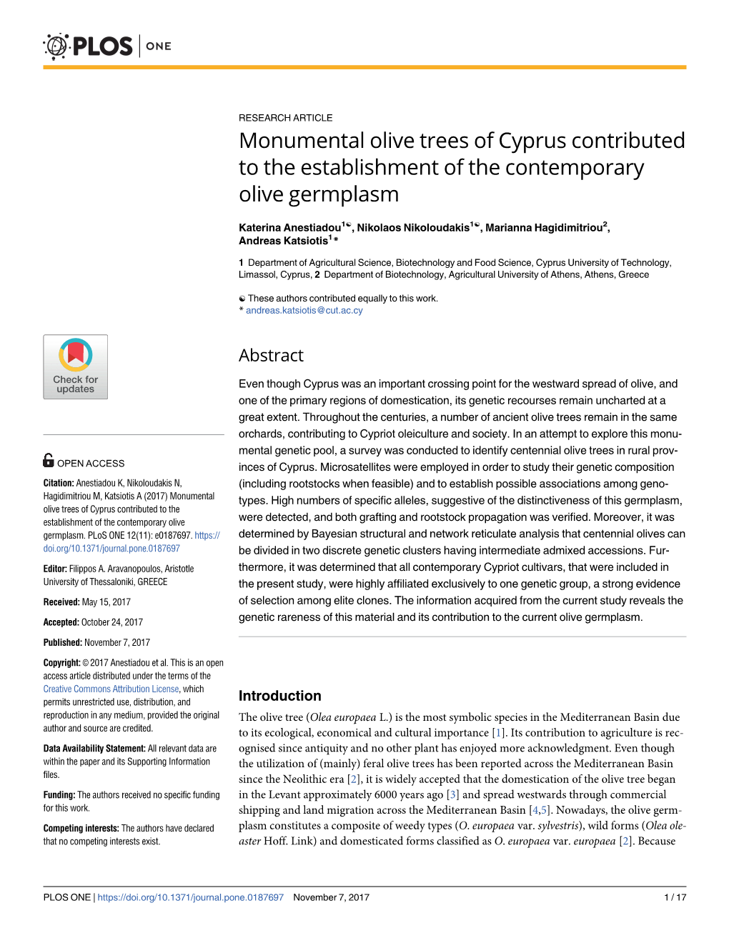 Monumental Olive Trees of Cyprus Contributed to the Establishment of the Contemporary Olive Germplasm