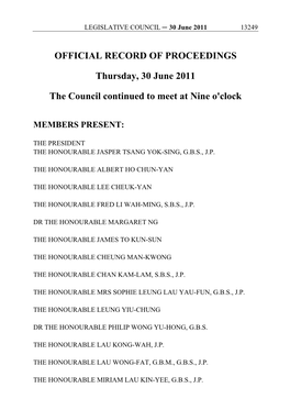 OFFICIAL RECORD of PROCEEDINGS Thursday, 30 June