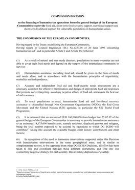 COMMISSION DECISION on the Financing of Humanitarian