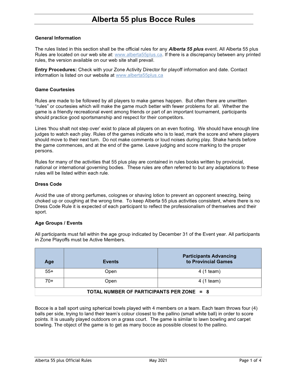 Alberta 55 Plus Bocce Rules