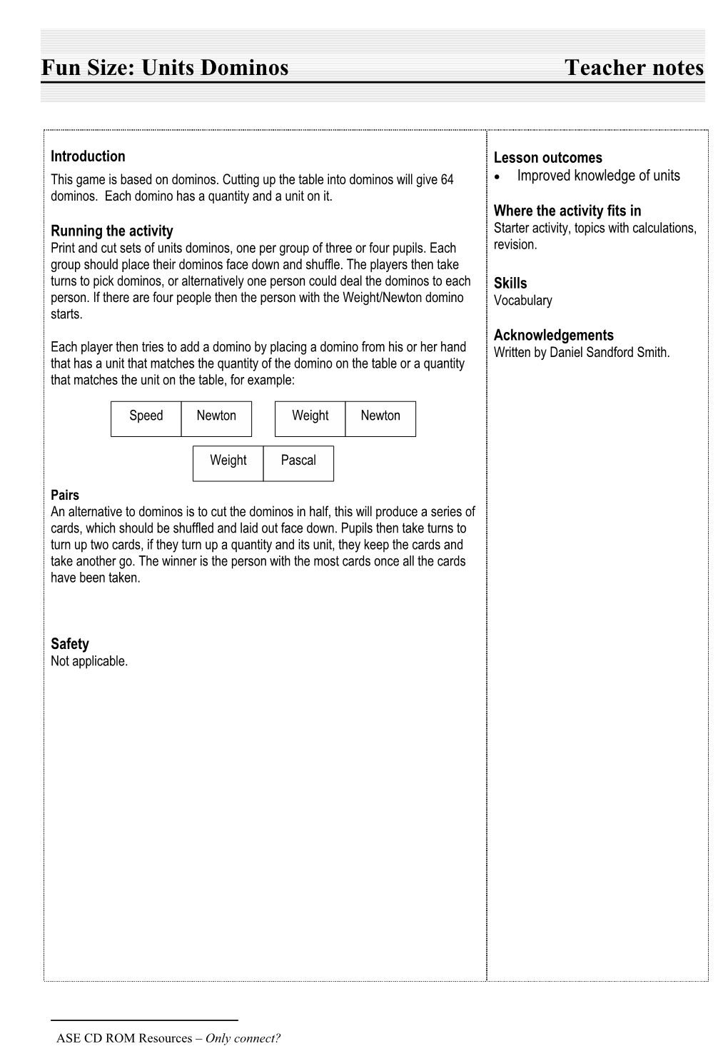 Fun Size: Units Dominos Teacher Notes