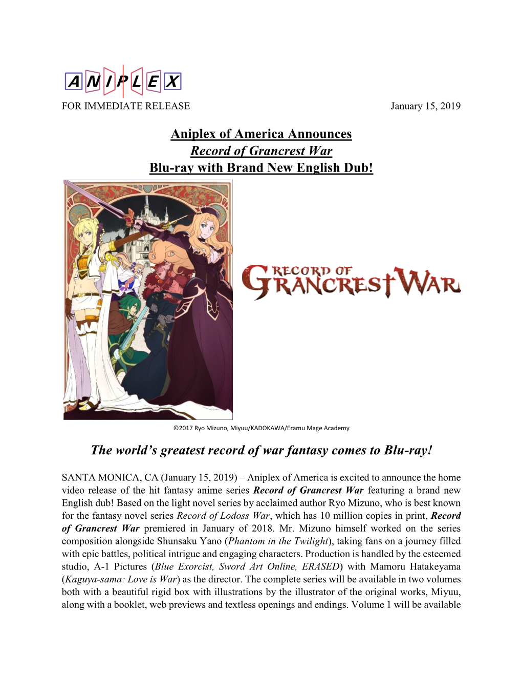 Aniplex of America Announces Record of Grancrest War Blu-Ray with Brand New English Dub!