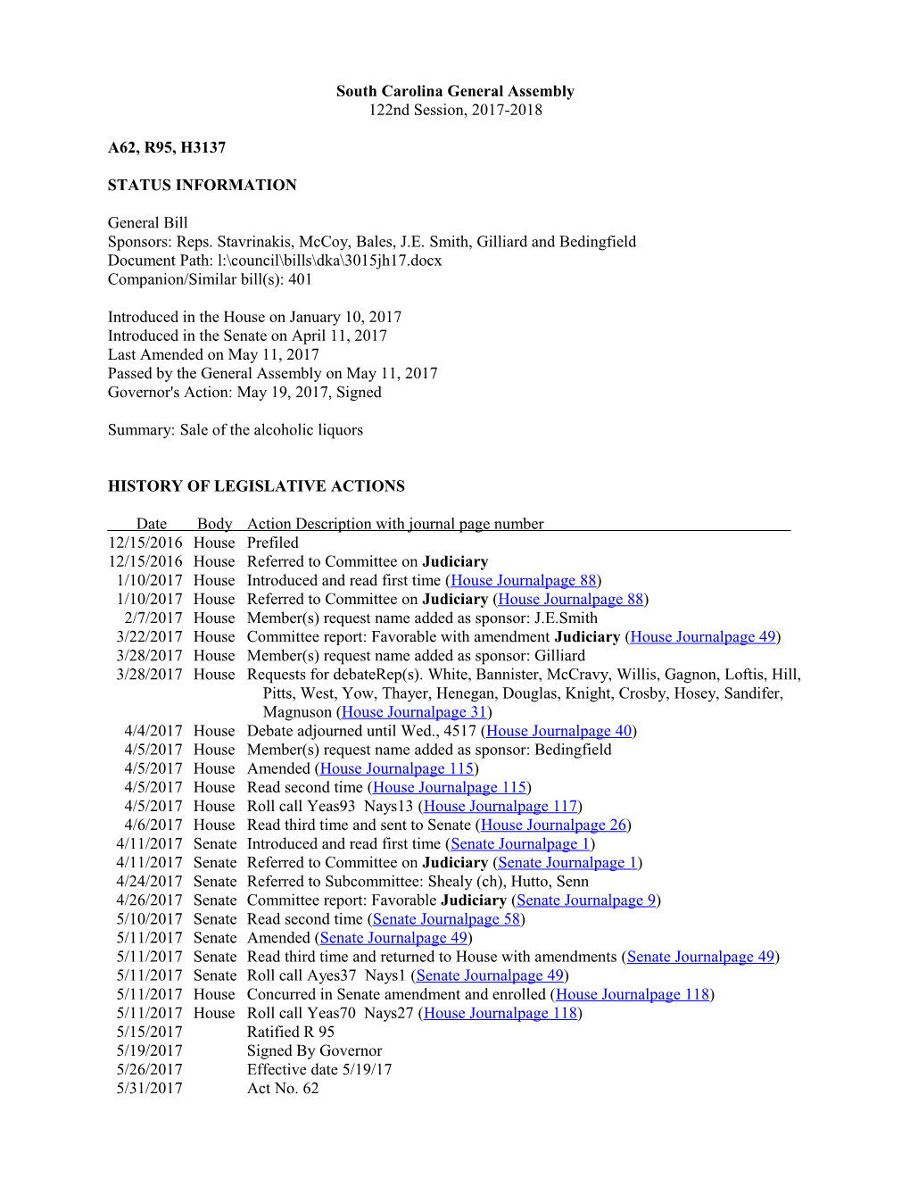 2017-2018 Bill 3137: Sale of the Alcoholic Liquors - South Carolina Legislature Online