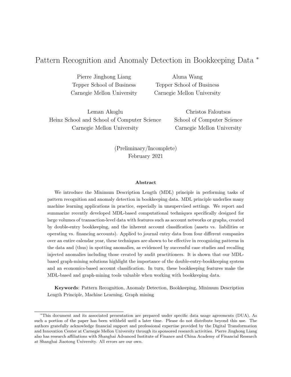 Pattern Recognition and Anomaly Detection in Bookkeeping Data ∗