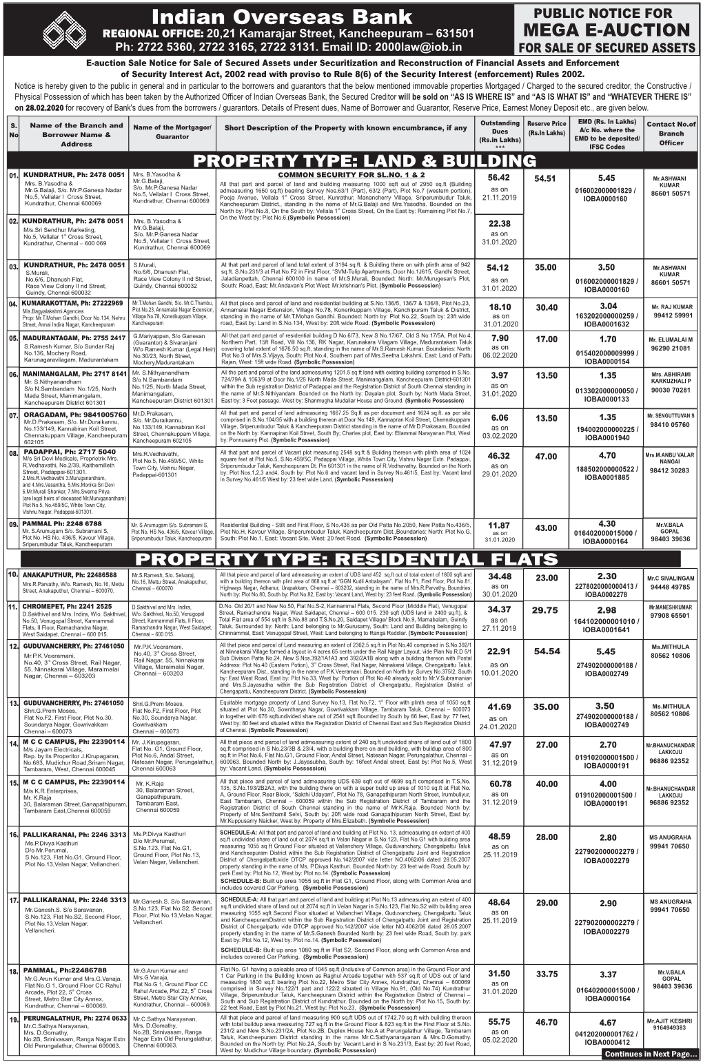 Indian Overseas Bank PUBLIC NOTICE for REGIONAL OFFICE: 20,21 Kamarajar Street, Kancheepuram – 631501 MEGA E-AUCTION Ph: 2722 5360, 2722 3165, 2722 3131