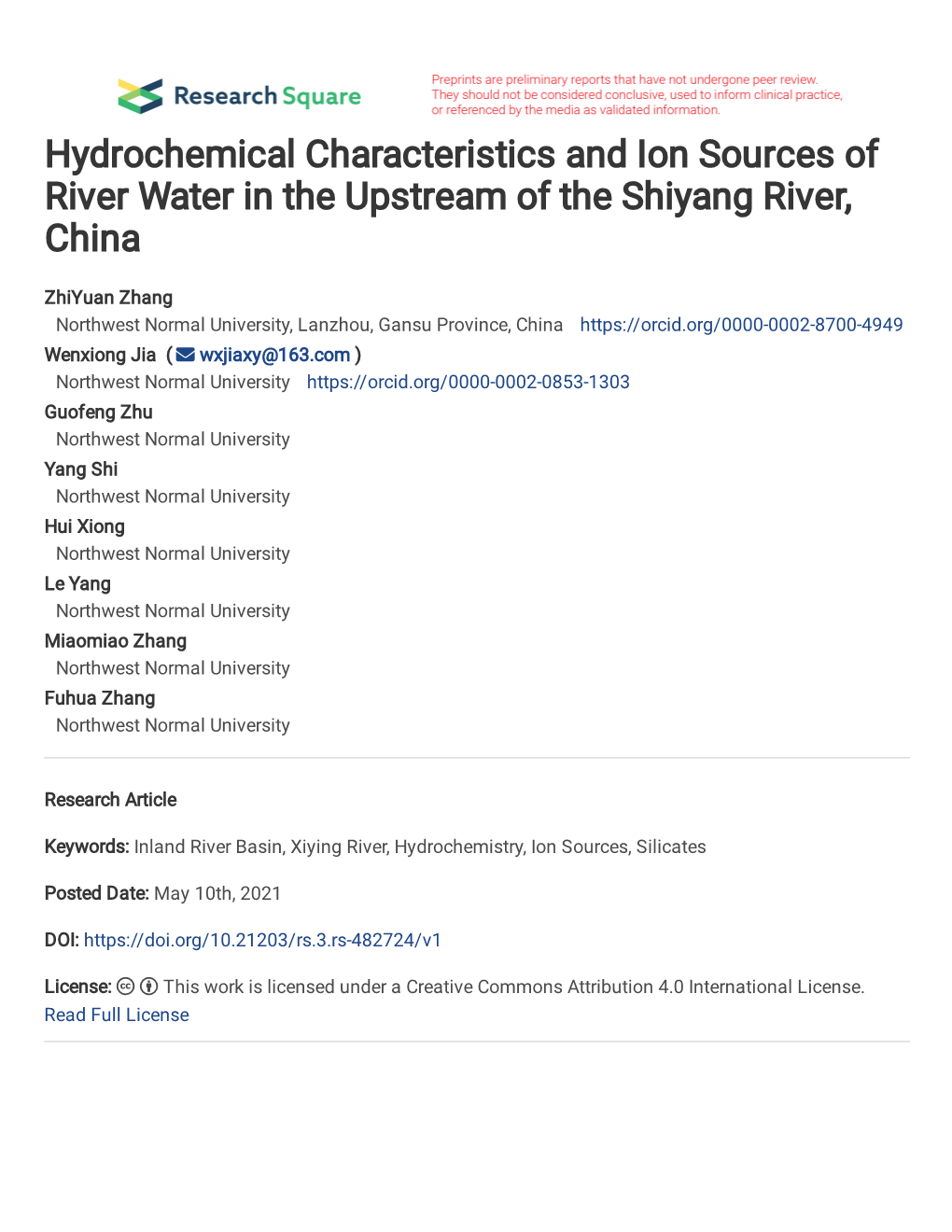 Hydrochemical Characteristics and Ion Sources of River Water in the Upstream of the Shiyang River, China
