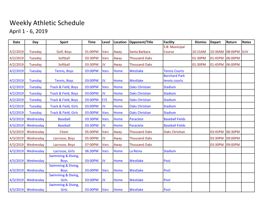 Weekly Athletic Schedule April 1 - 6, 2019