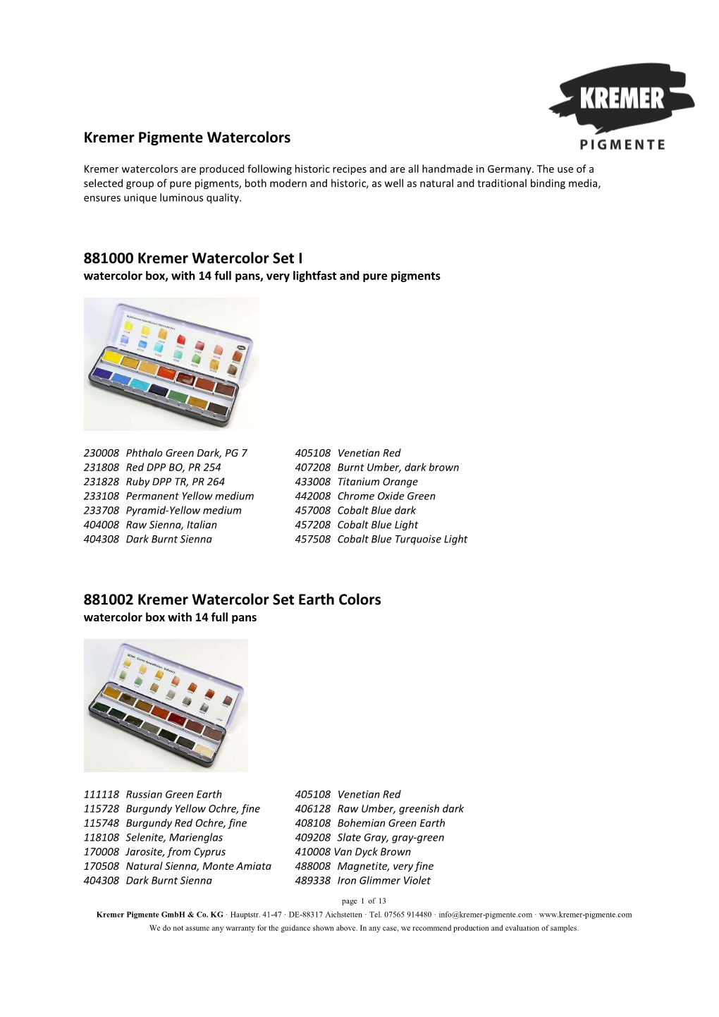 Kremer Watercolors 881000-881008E