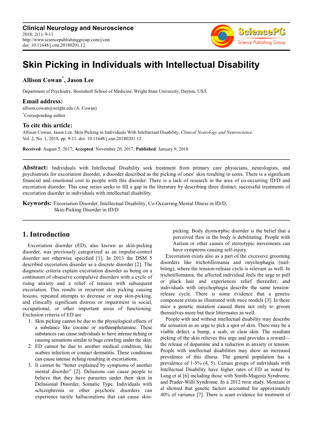 Skin Picking in Individuals with Intellectual Disability
