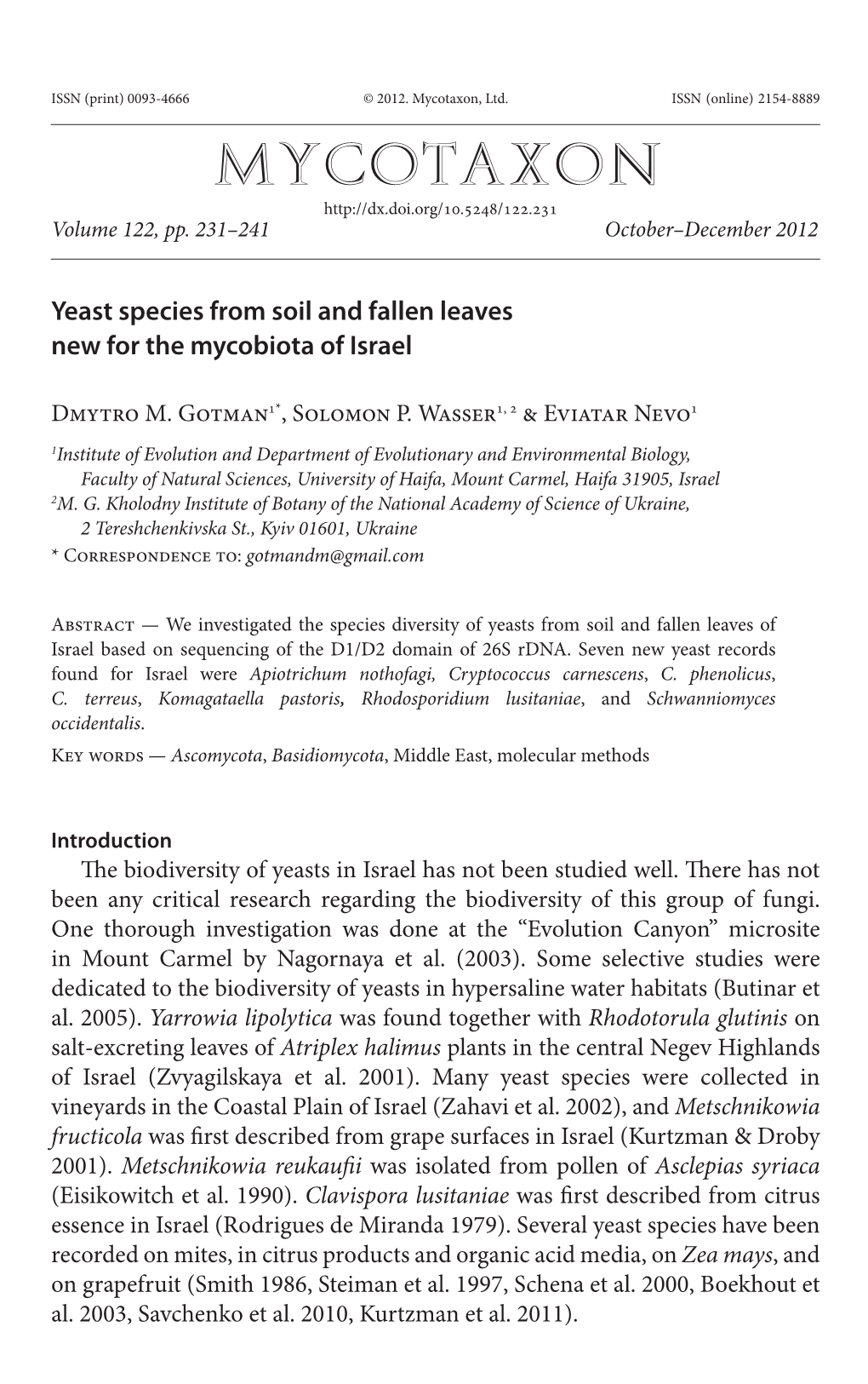 Yeast Species from Soil and Fallen Leaves New for the Mycobiota of Israel