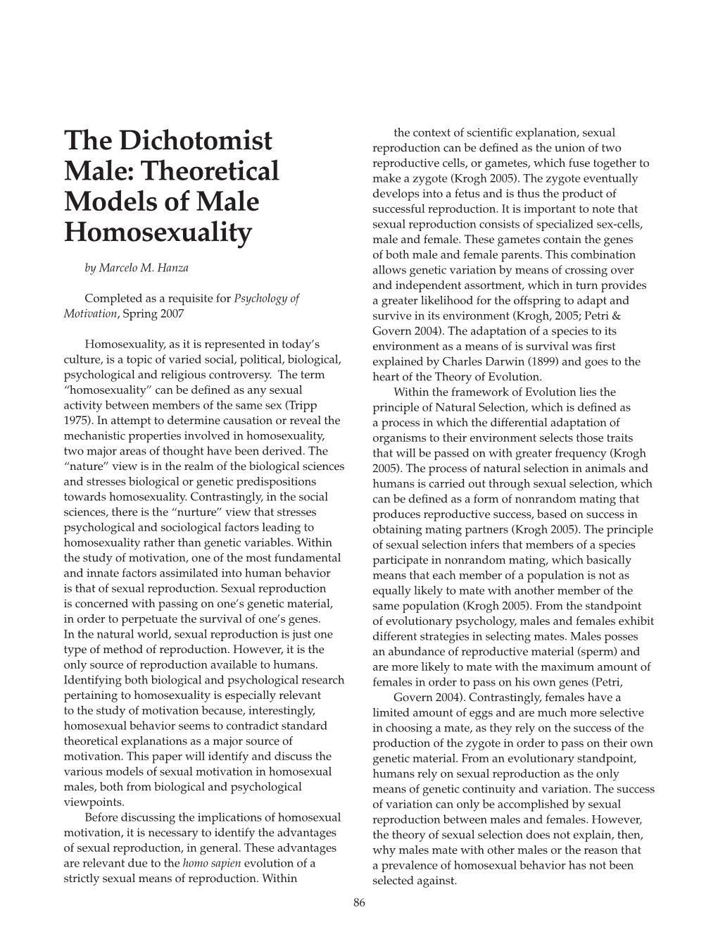 The Dichotomist Male: Theoretical Models of Male Homosexuality