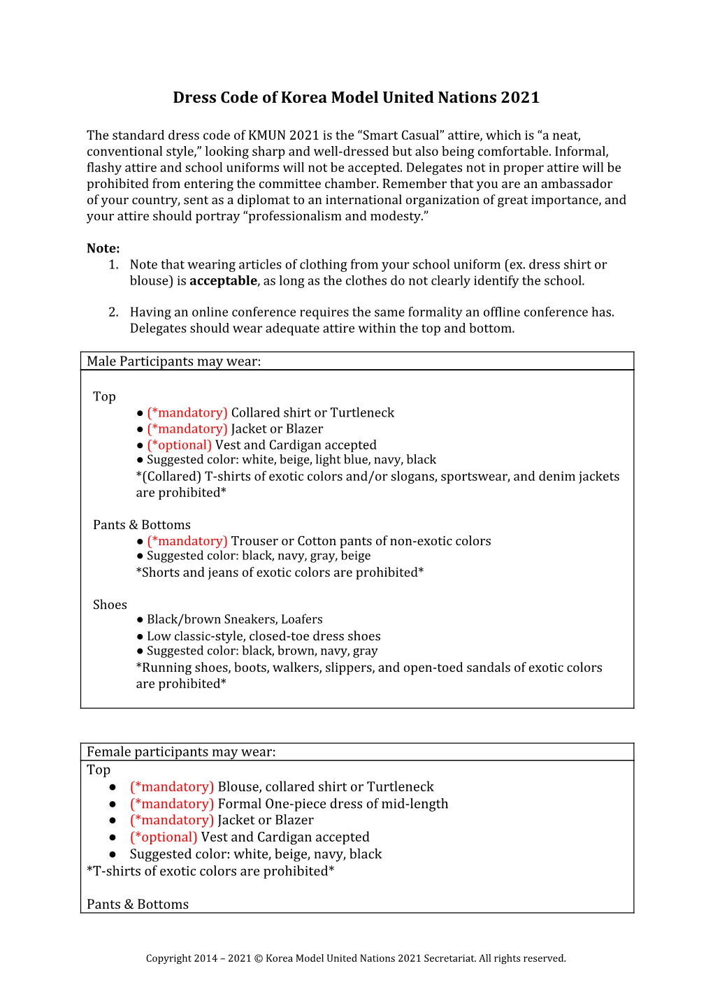 Dress Code of Korea Model United Nations 2021