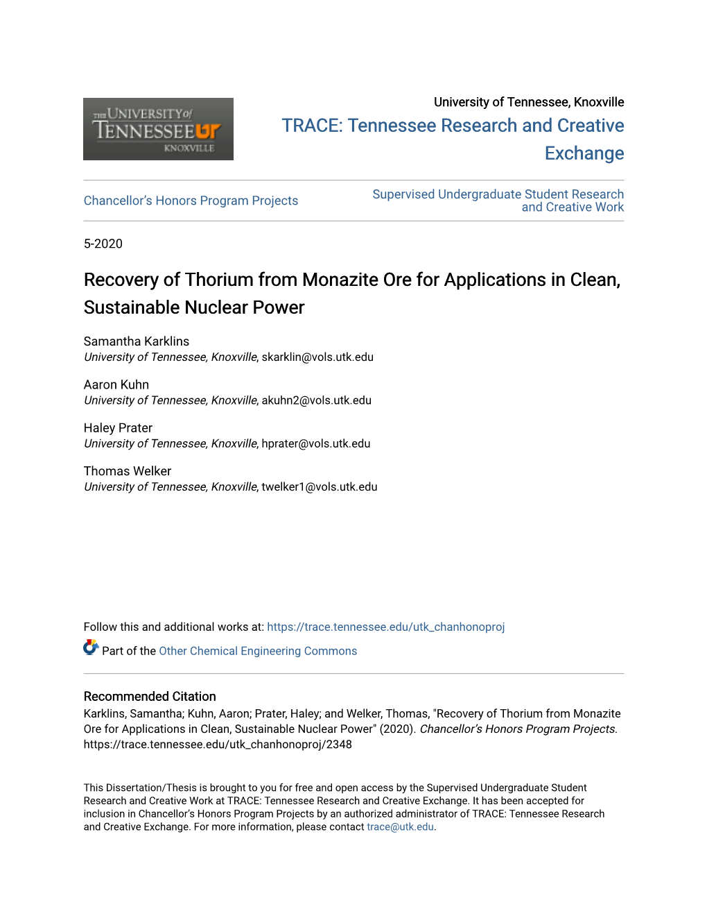 Recovery of Thorium from Monazite Ore for Applications in Clean, Sustainable Nuclear Power