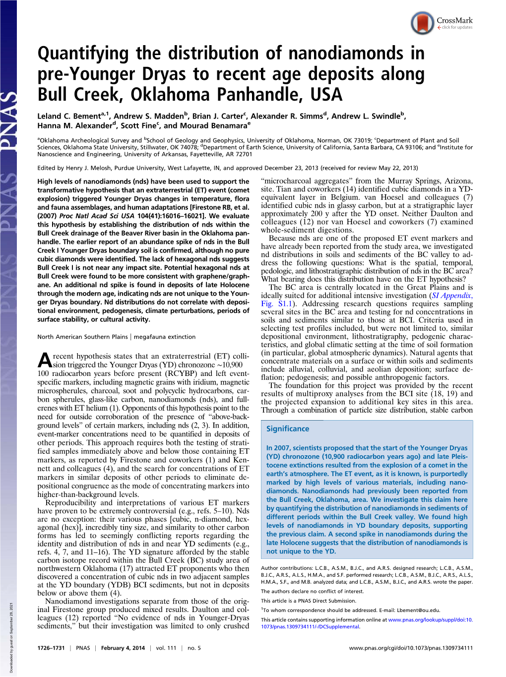 Quantifying the Distribution of Nanodiamonds in Pre-Younger Dryas to Recent Age Deposits Along Bull Creek, Oklahoma Panhandle, USA