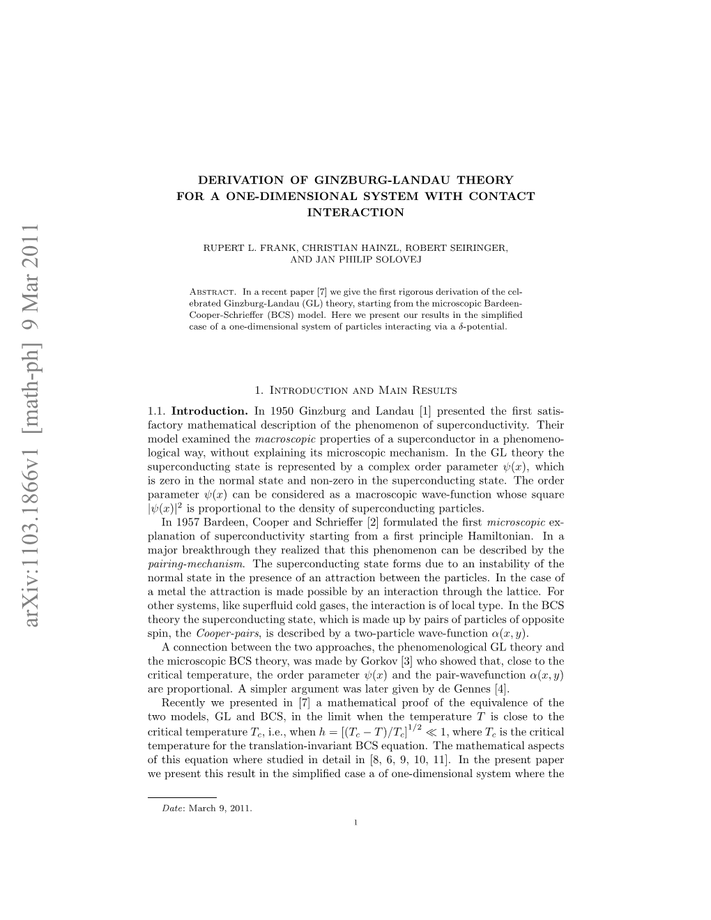 Derivation of Ginzburg-Landau Theory for a One-Dimensional System With