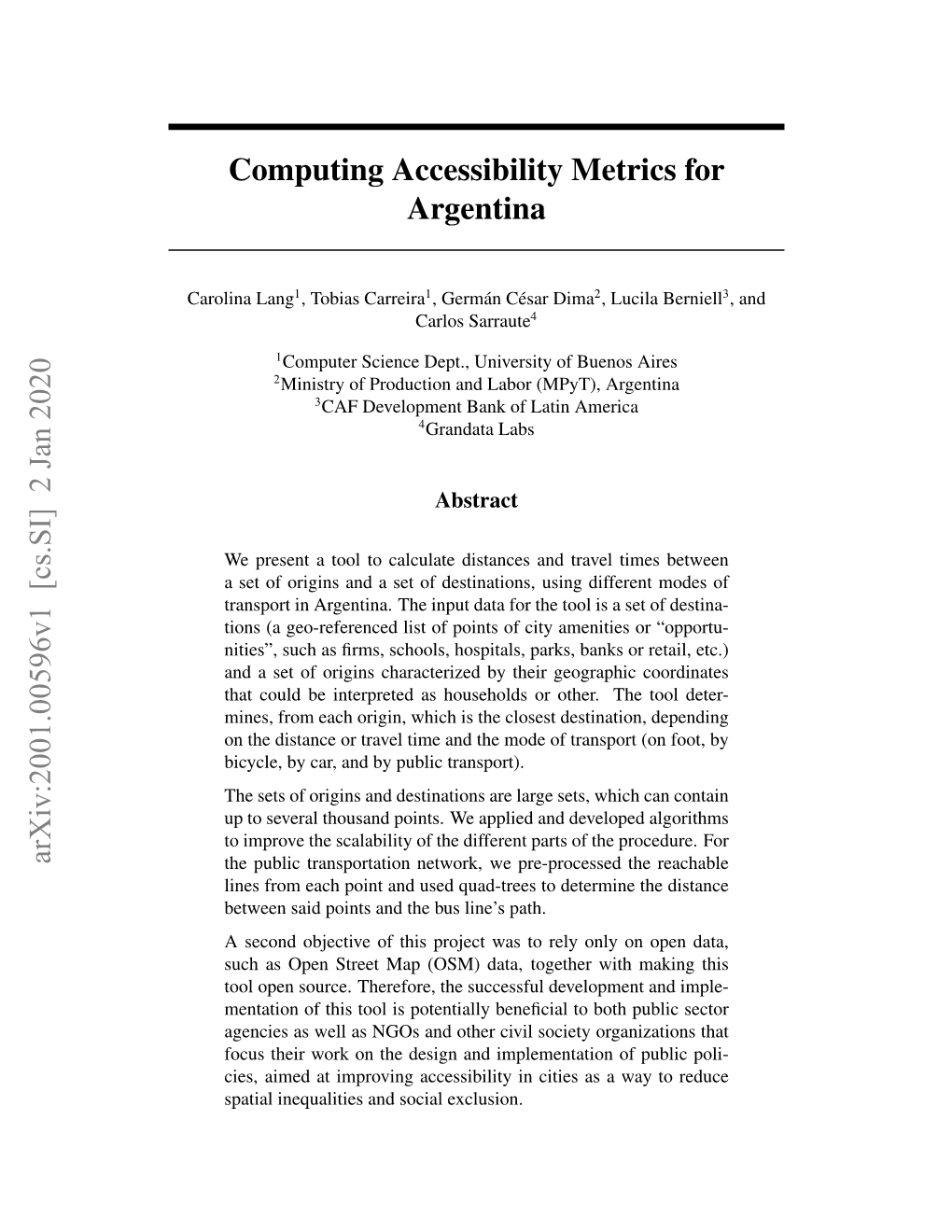 Computing Accessibility Metrics for Argentina Arxiv:2001.00596V1 [Cs