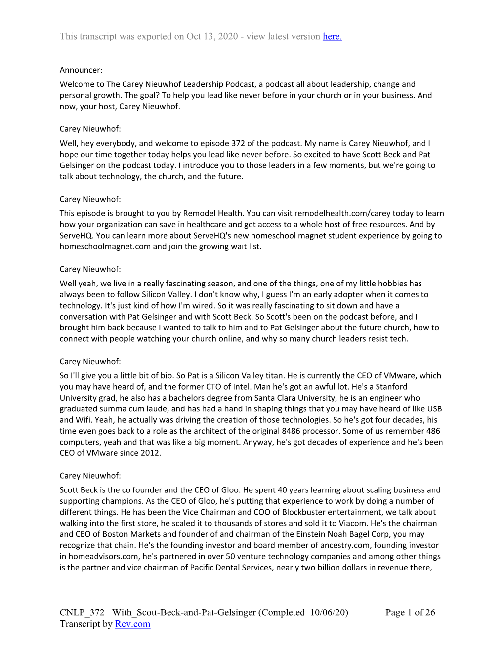 With Scott-Beck-And-Pat-Gelsinger (Completed 10/06/20) Page 1 of 26 Transcript by Rev.Com This Transcript Was Exported on Oct 13, 2020 - View Latest Version Here