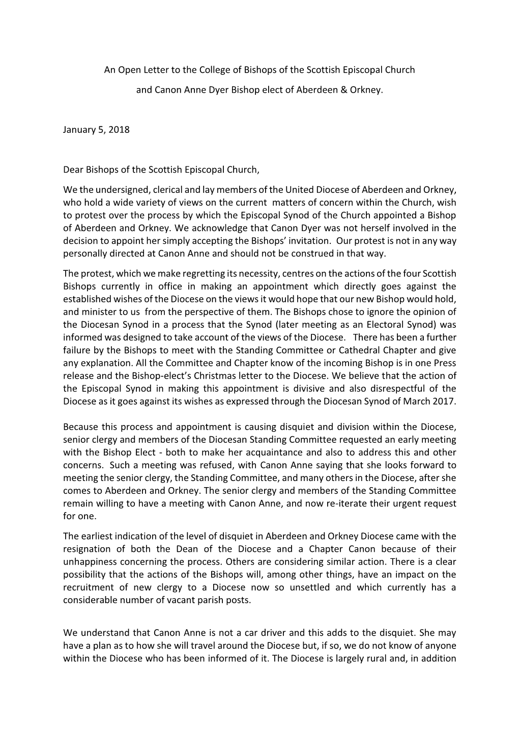 An Open Letter to the College of Bishops of the Scottish Episcopal Church and Canon Anne Dyer Bishop Elect of Aberdeen &