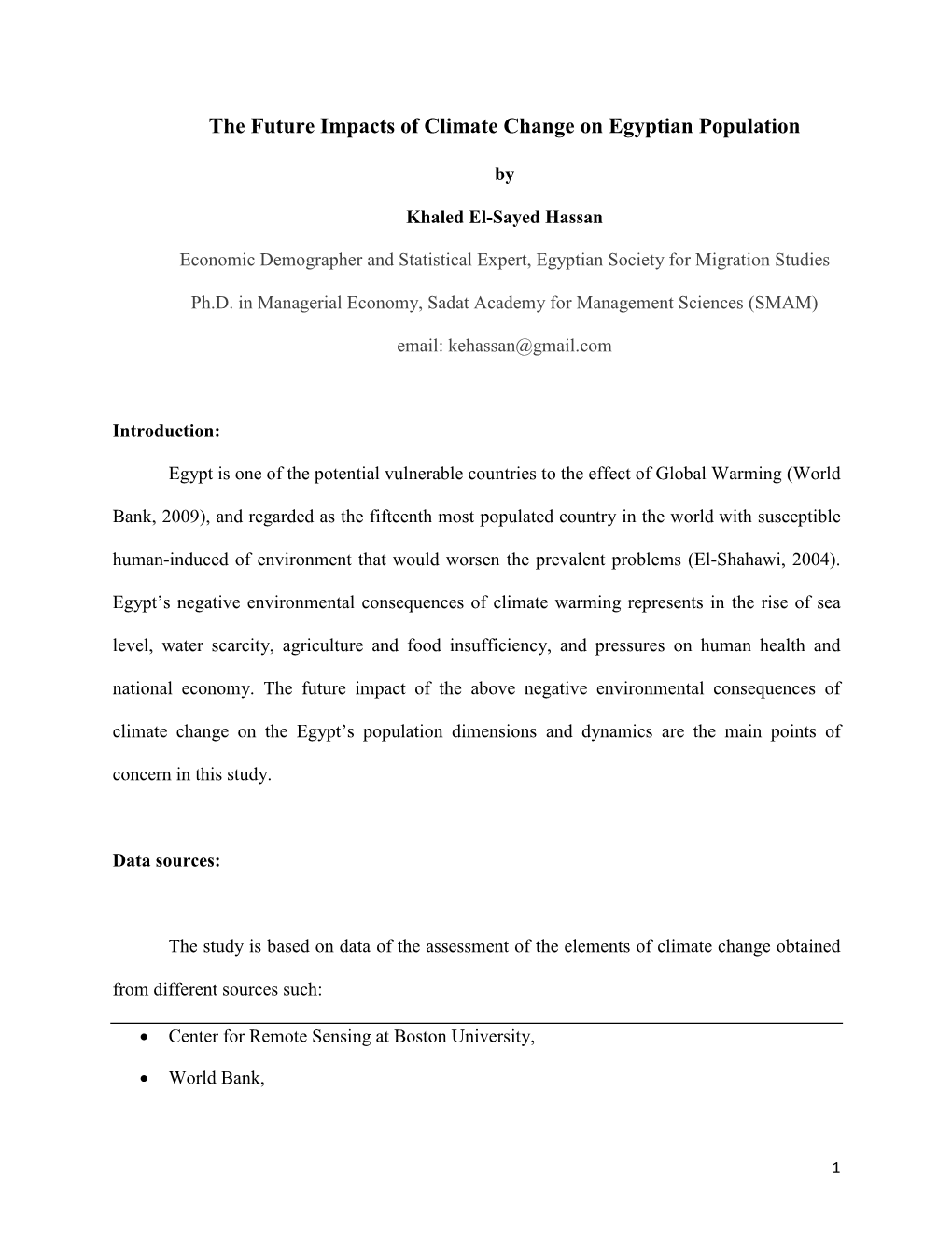 The Future Impacts of Climate Change on Egyptian Population