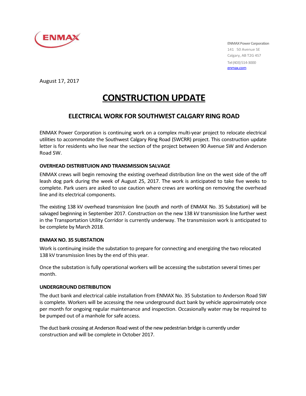 Electrical Work for Southwest Calgary Ring Road