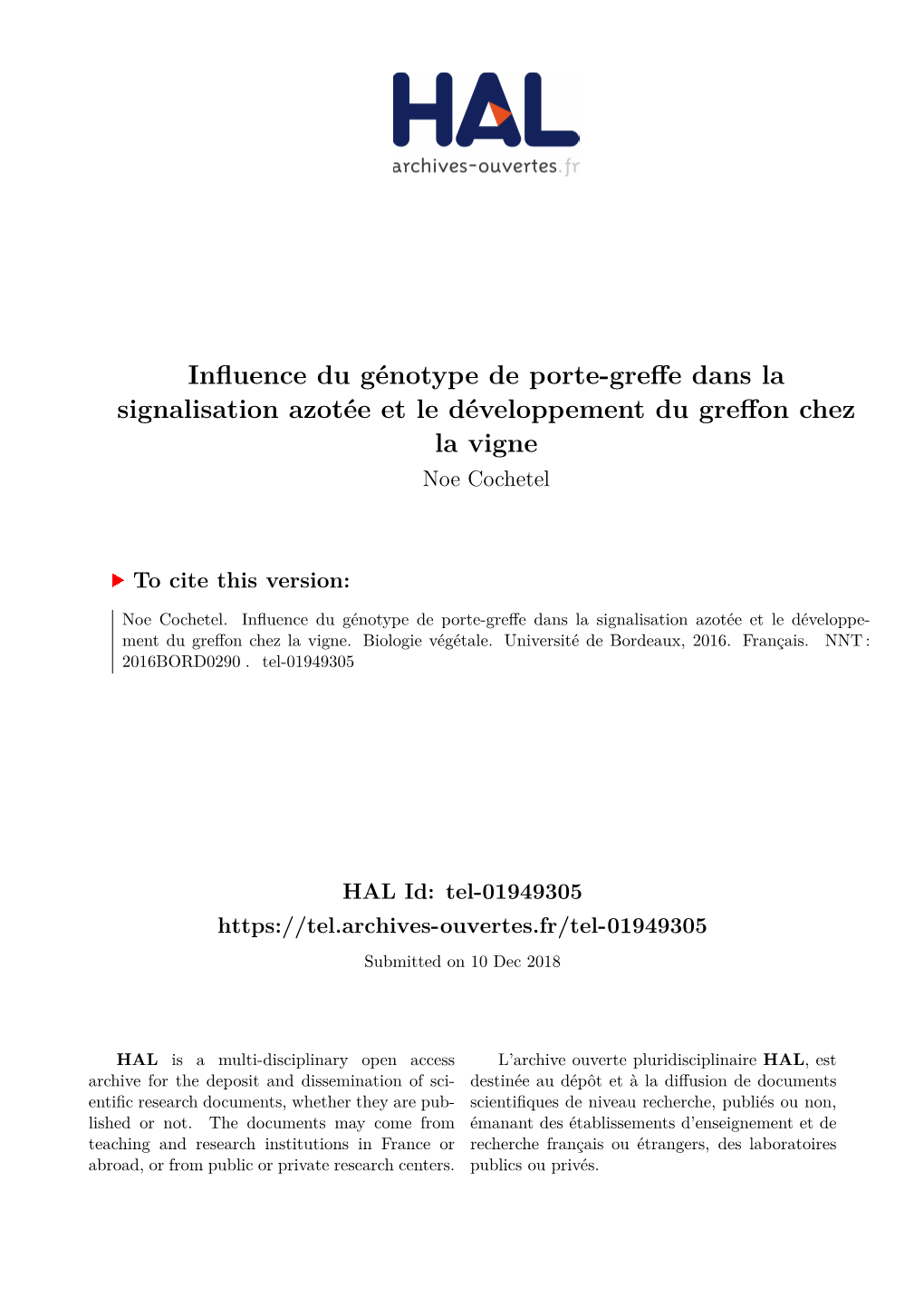 Influence Du Génotype De Porte-Greffe Dans La Signalisation Azotée Et Le Développement Du Greffon Chez La Vigne Noe Cochetel