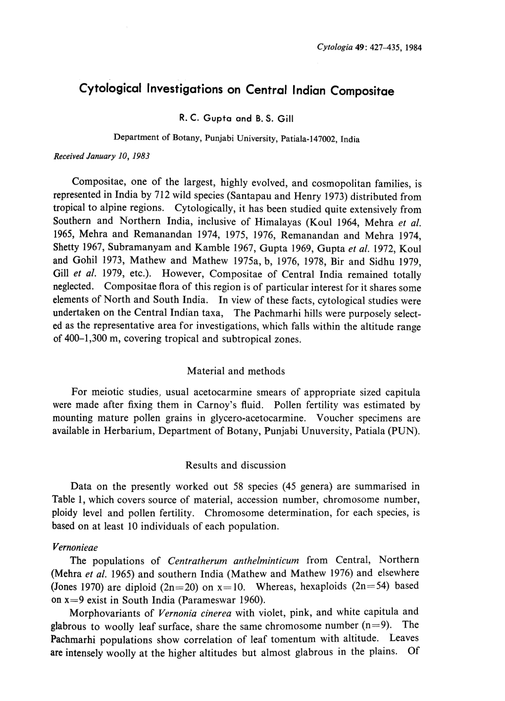 Cytological Investigations on Central Indian Compositae Compositae