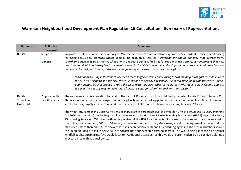 Warnham Neighbourhood Development Plan Regulation 16 Consultation - Summary of Representations