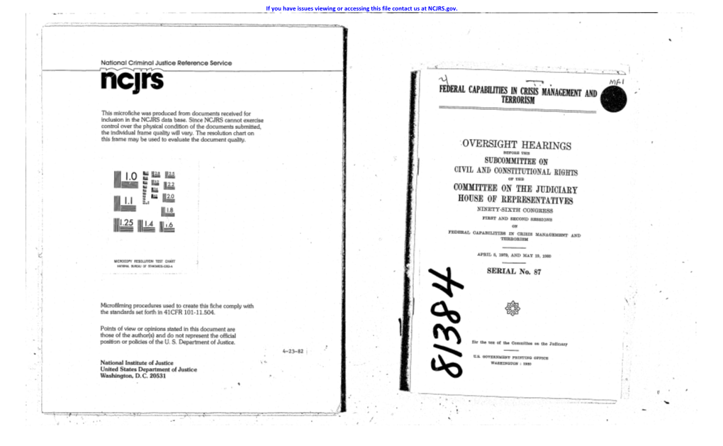 I1cjii ~ "=\ ,T ~ 1 FEDERAL CAPABILITIES in CRISIS MANAGEMENT and TERRORISM This Microfiche Was Produced from Documents Received for Inclusion in the NCJRS Data Base