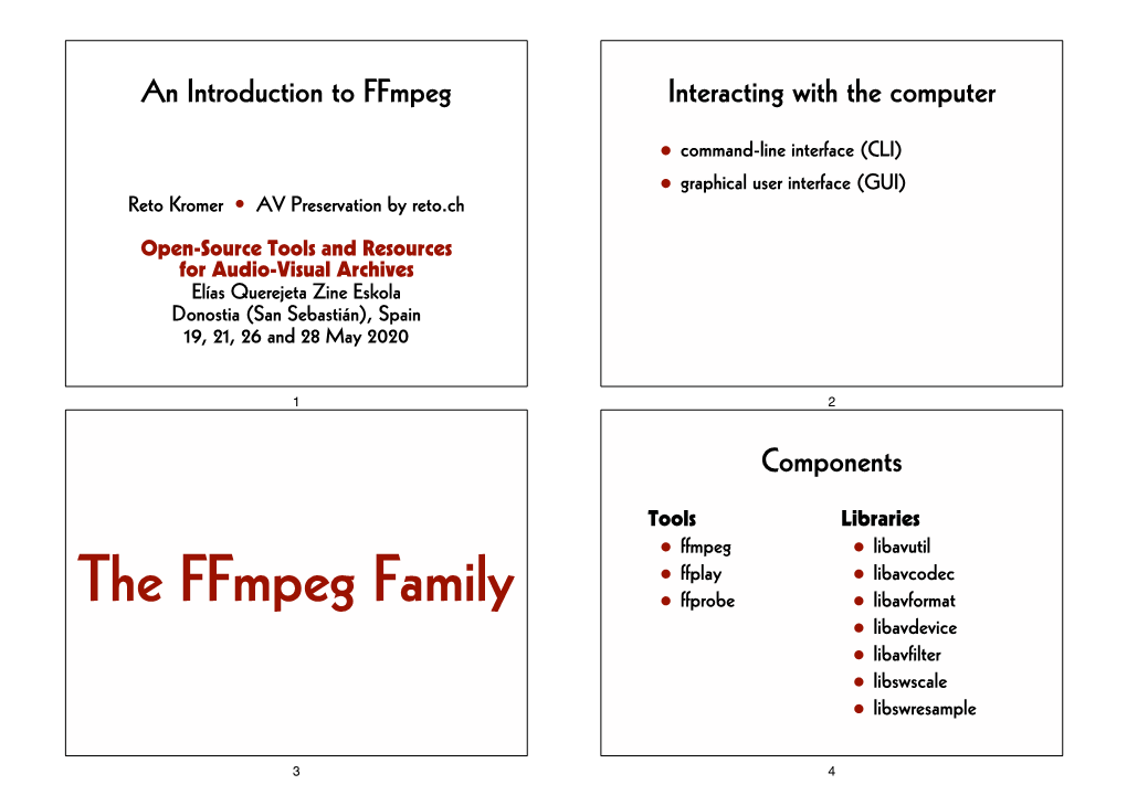 An Introduction to Ffmpeg Interacting with the Computer • Command-Line Interface (CLI) Graphical User Interface (GUI) Reto Kromer • AV Preservation by Reto.Ch •