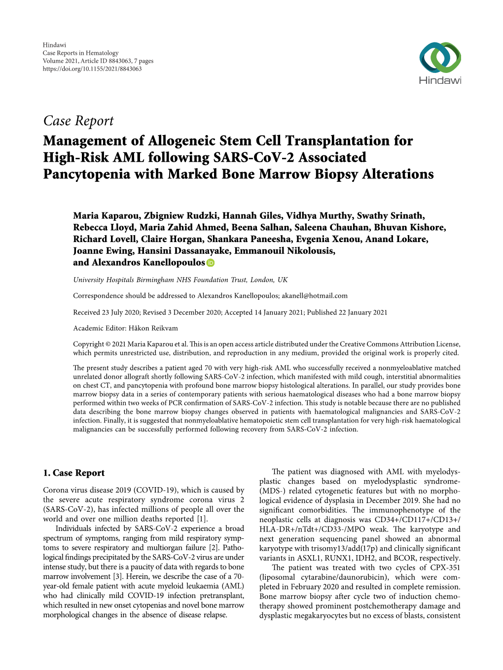 Management of Allogeneic Stem Cell Transplantation for High-Risk AML Following SARS-Cov-2 Associated Pancytopenia with Marked Bone Marrow Biopsy Alterations