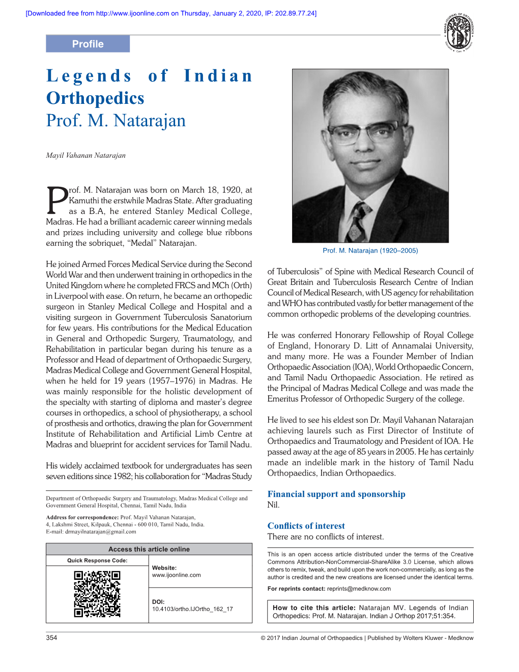Legends of Indian Orthopedics Prof. M. Natarajan