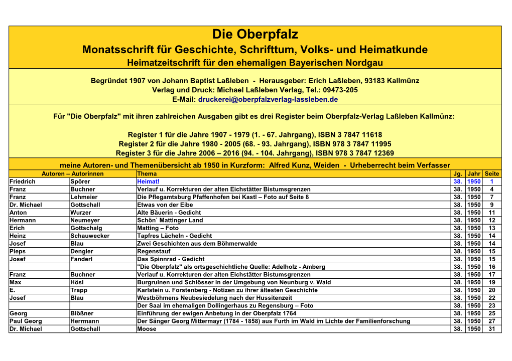 Die Oberpfalz Monatsschrift Für Geschichte, Schrifttum, Volks- Und Heimatkunde Heimatzeitschrift Für Den Ehemaligen Bayerischen Nordgau