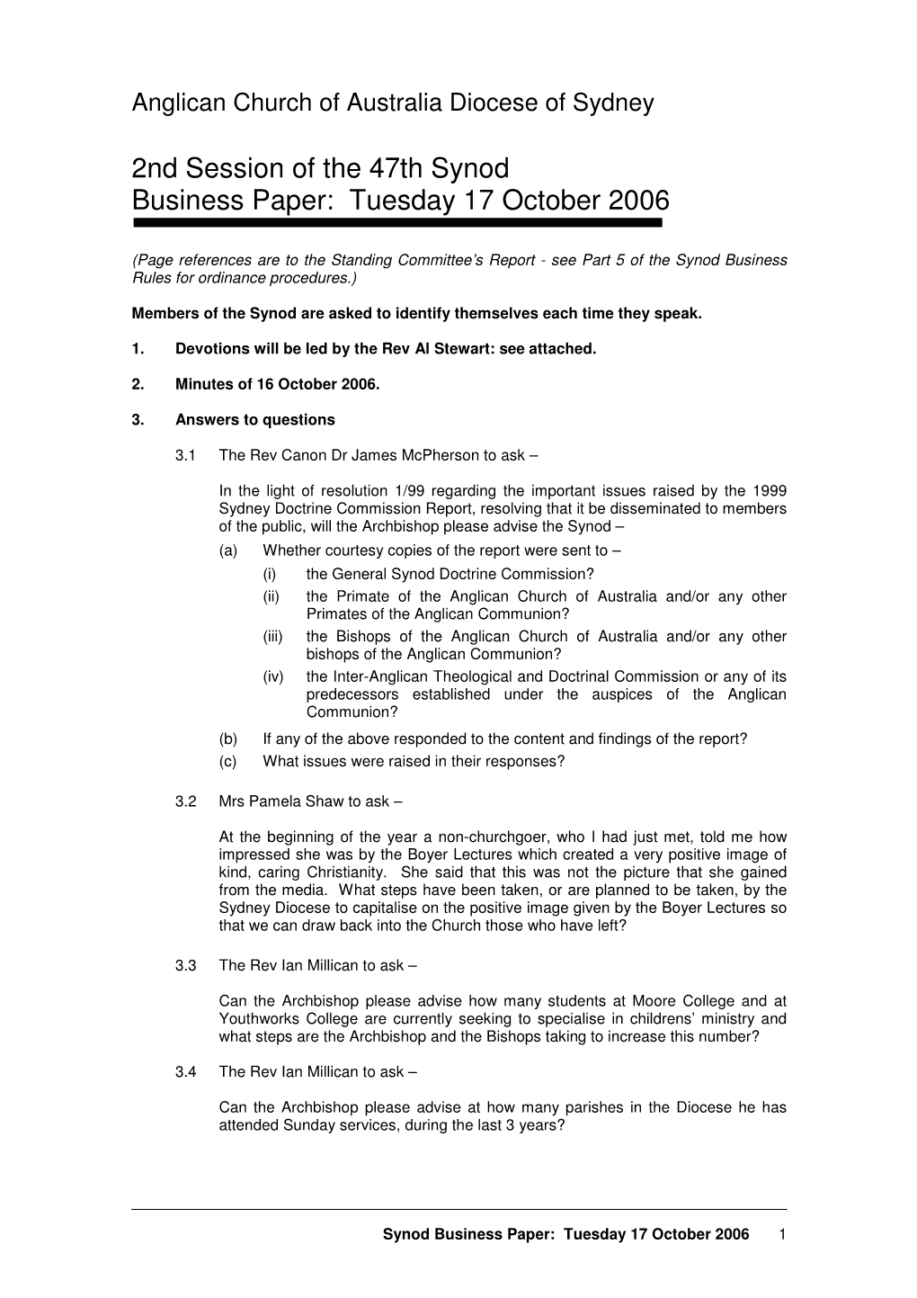 2Nd Session of the 47Th Synod Business Paper: Tuesday 17 October 2006