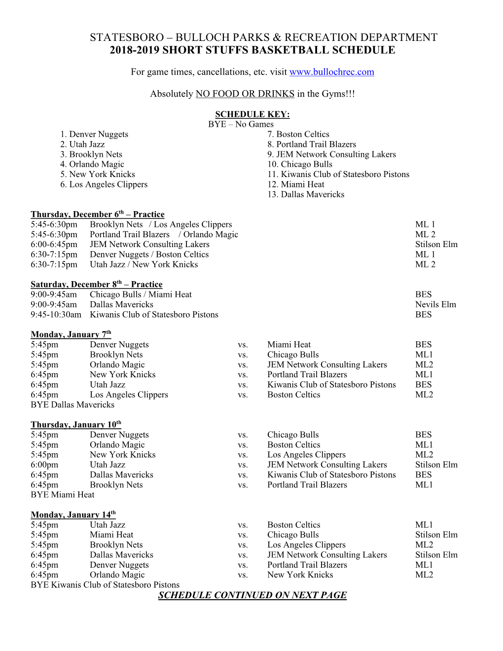 2018-2019 Short Stuffs Basketball Schedule