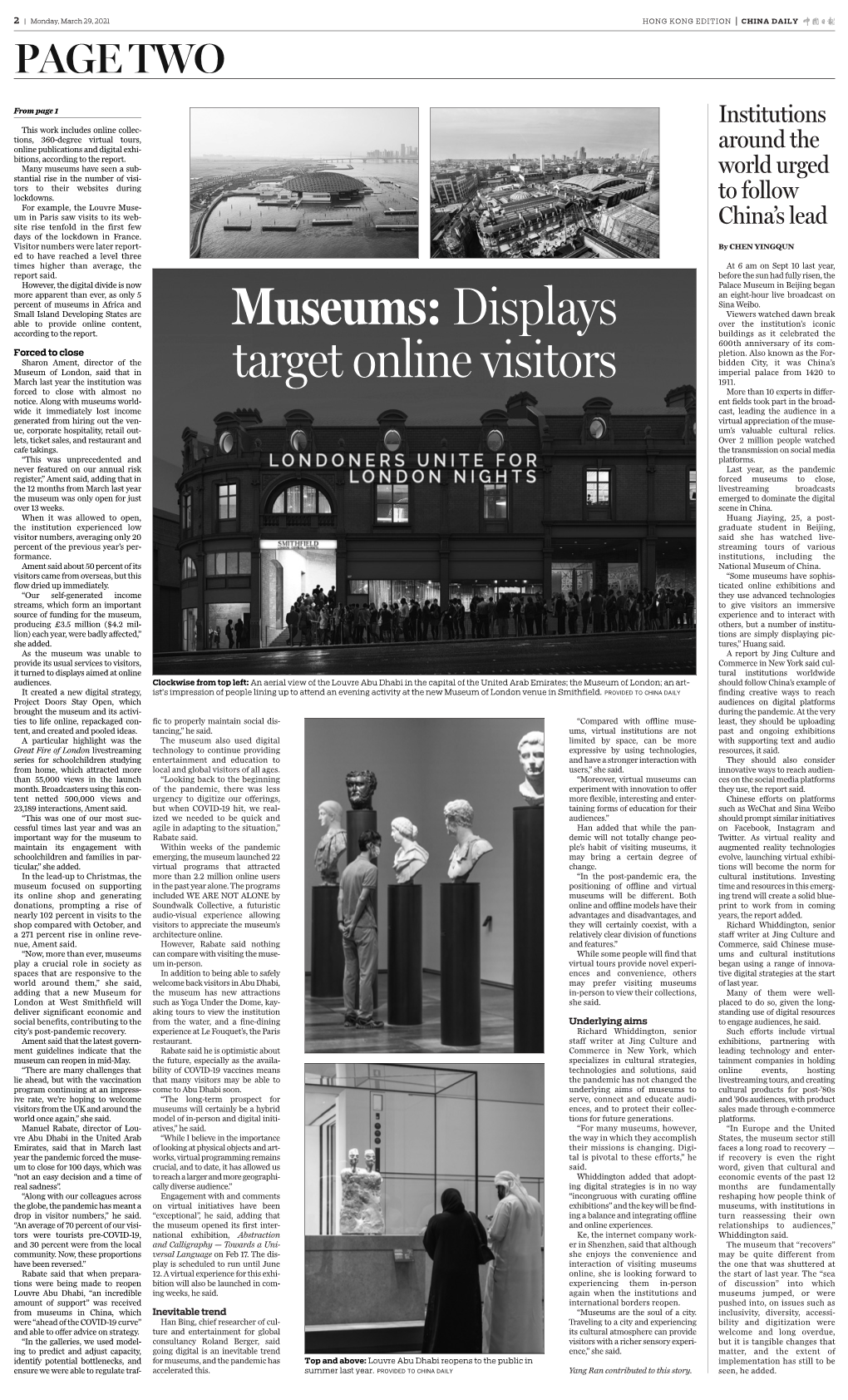Museums Have Seen a Sub­ Stantial Rise in the Number of Visi­ World Urged Tors to Their Websites During Lockdowns