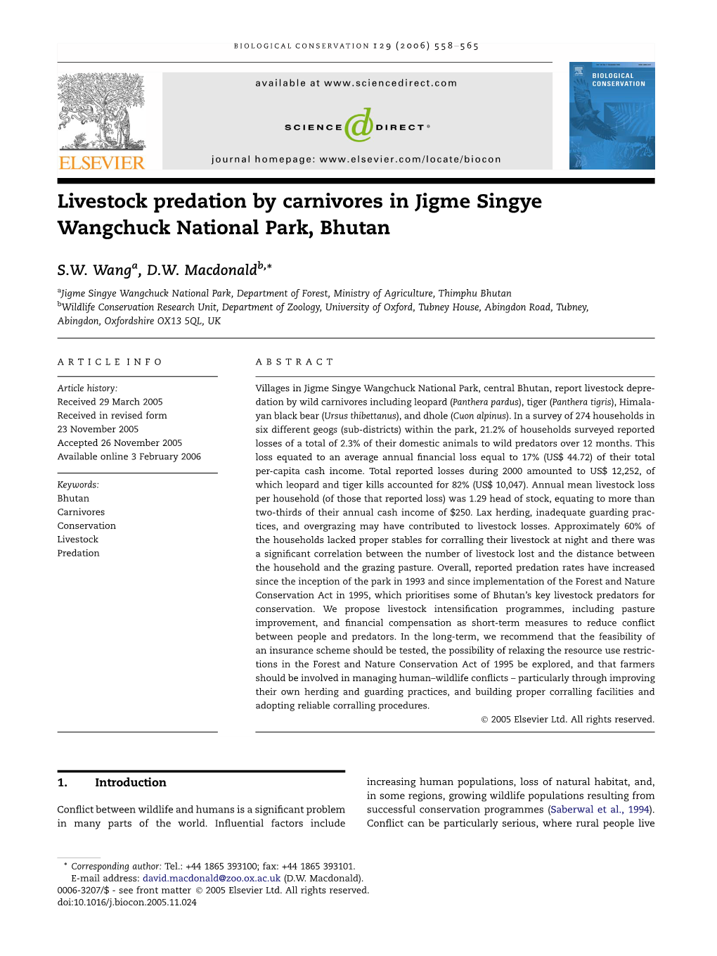 Livestock Predation by Carnivores in Jigme Singye Wangchuck National Park, Bhutan