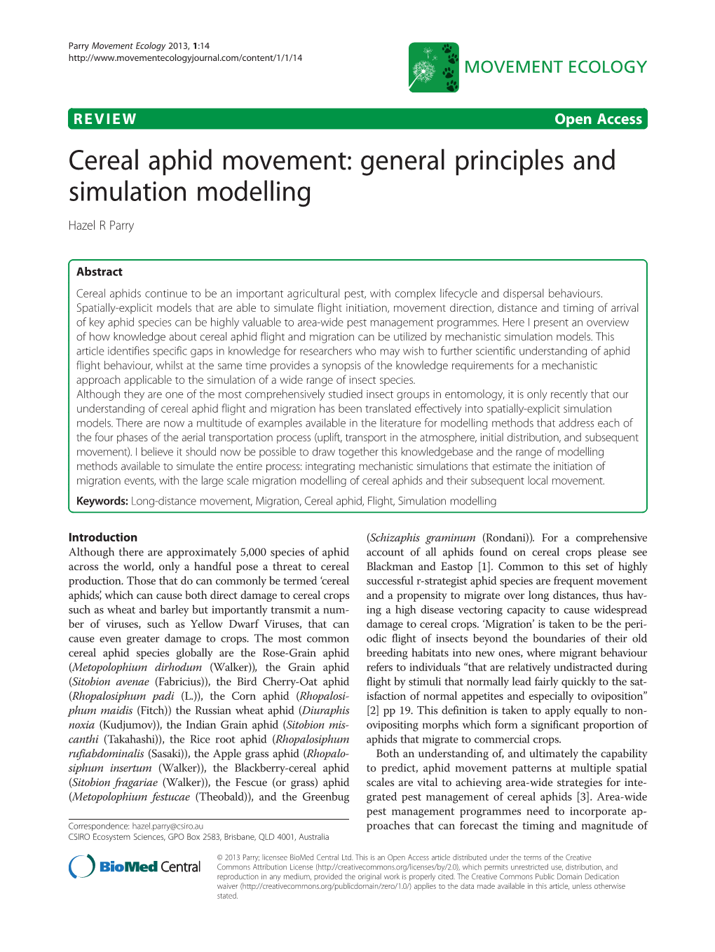 VIEW Open Access Cereal Aphid Movement: General Principles and Simulation Modelling Hazel R Parry