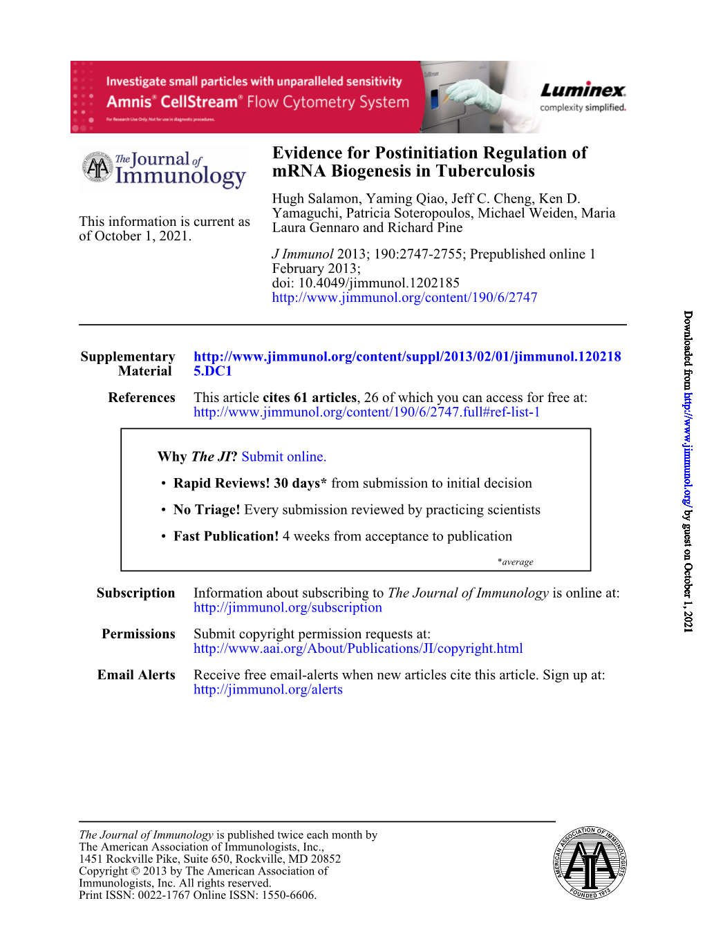 Mrna Biogenesis in Tuberculosis Hugh Salamon, Yaming Qiao, Jeff C