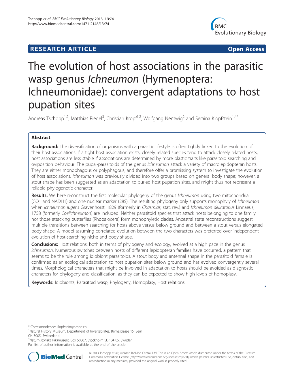 The Evolution of Host Associations in the Parasitic Wasp Genus Ichneumon (Hymenoptera: Ichneumonidae): Convergent Adaptations To