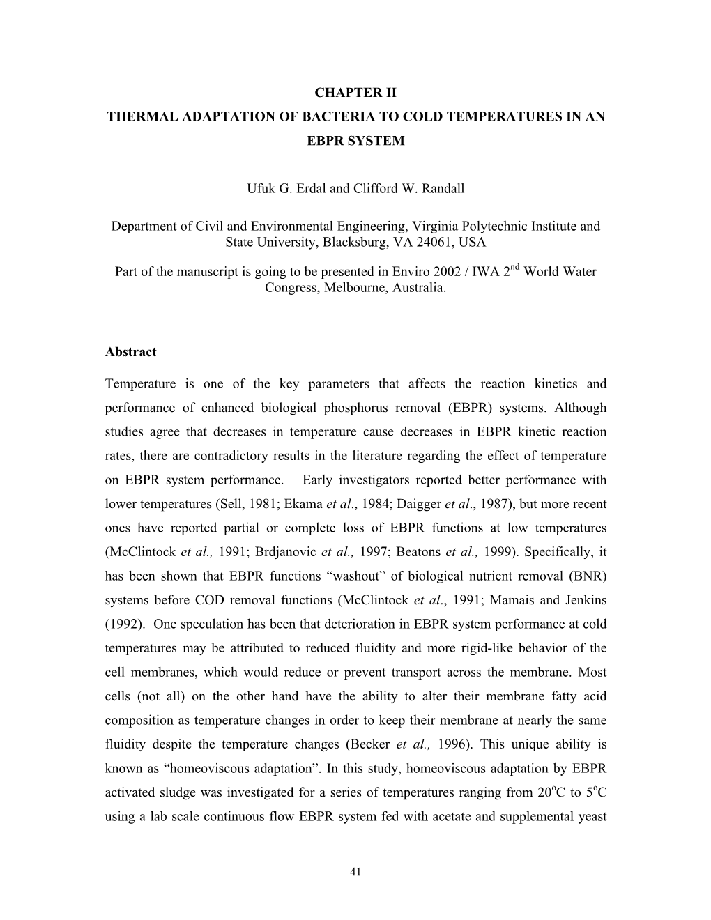 Chapter Ii Thermal Adaptation of Bacteria to Cold Temperatures in an Ebpr System