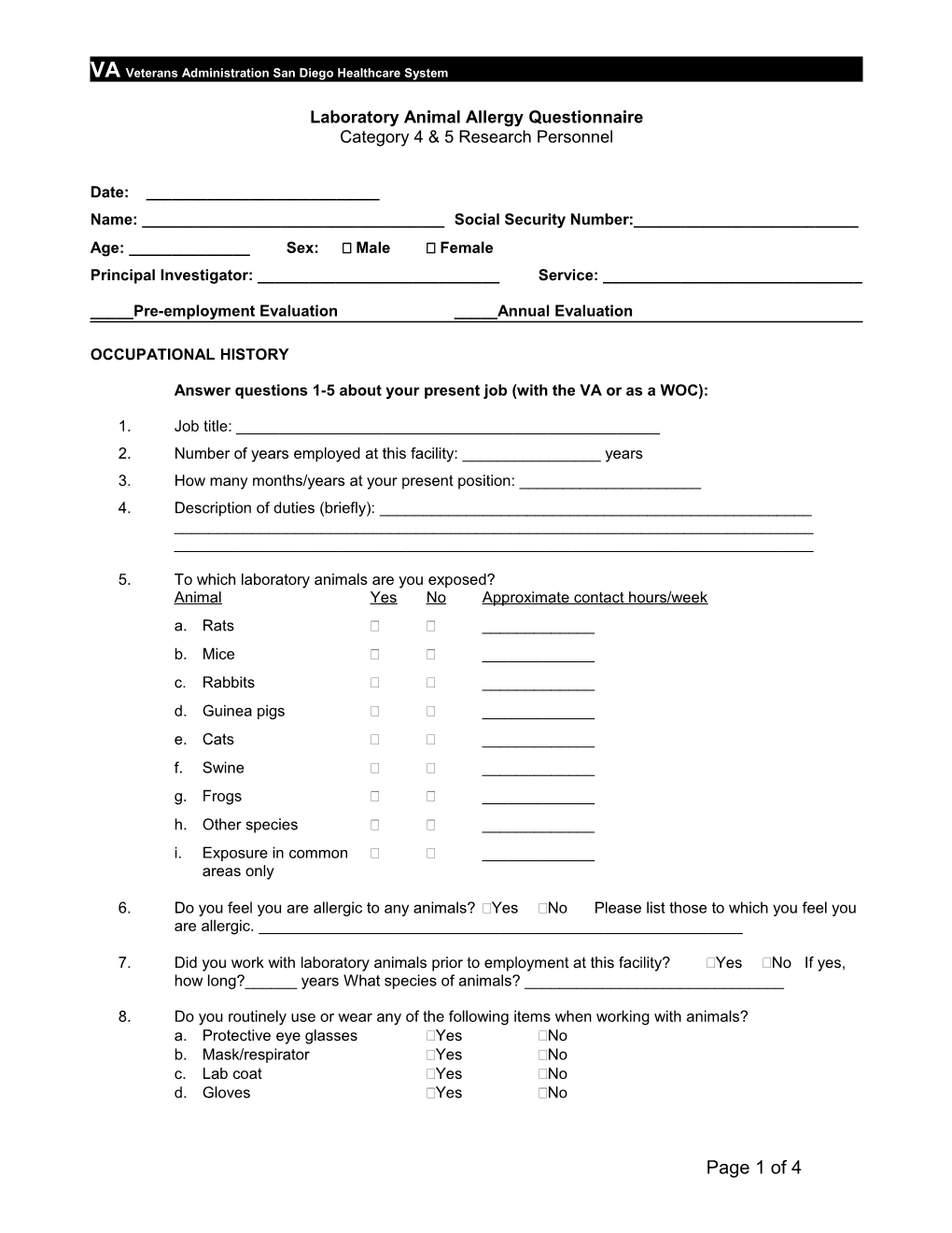 Laboratory Animal Allergy Questionnaire